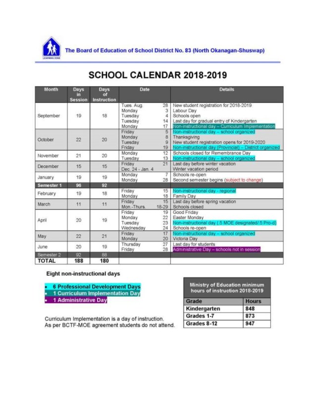 District Calendar 2018-2019