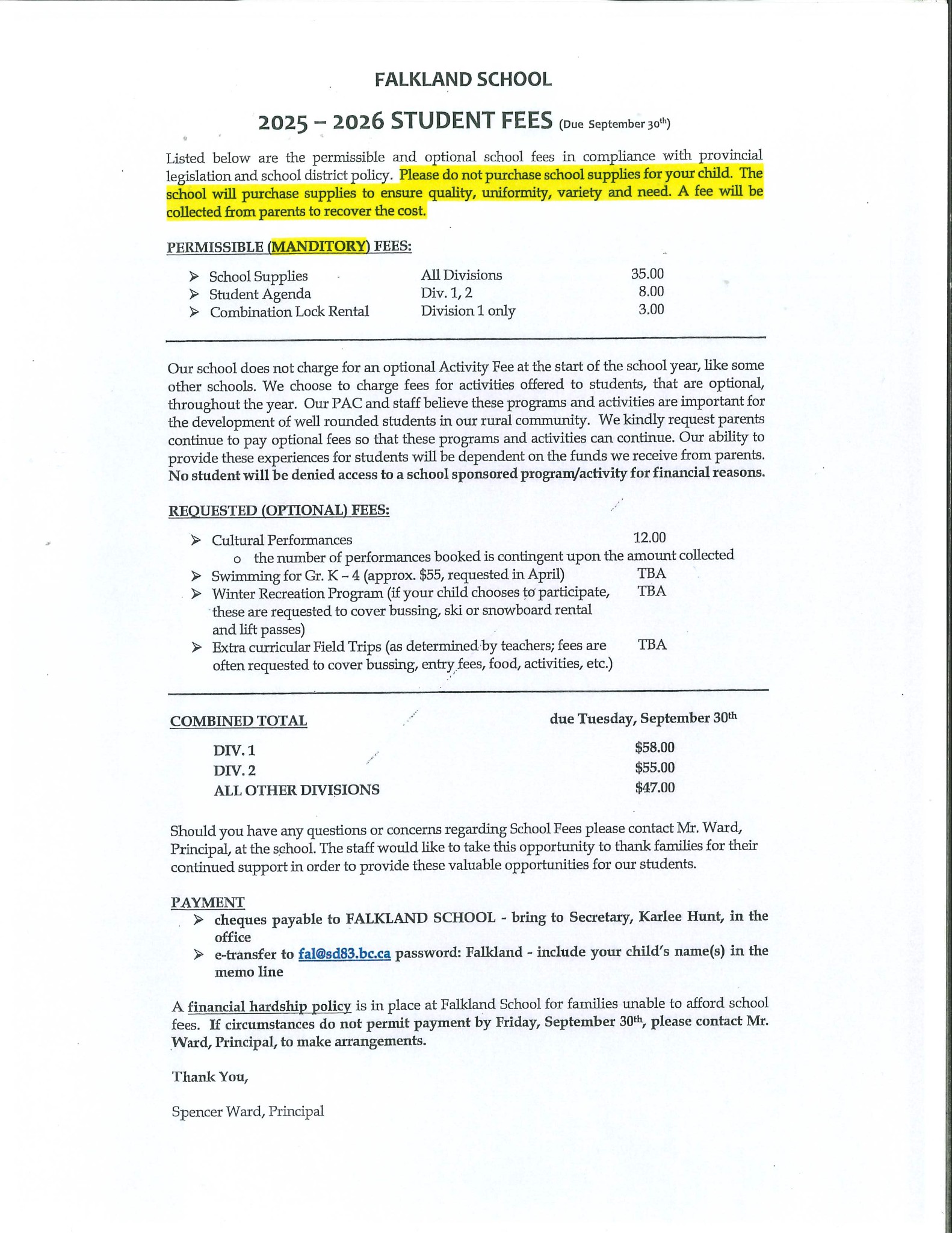 Falkland School Supplies and Fees Page
